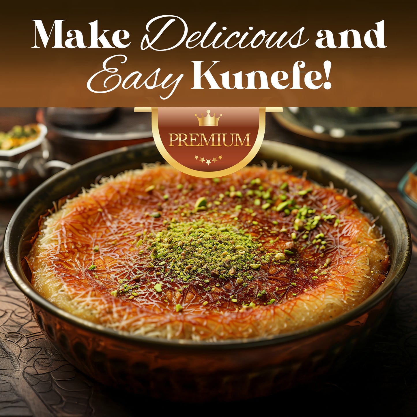 A golden-brown kunefe made with Ceres Gourmet Cooked & Chopped Kataifi for Dubai Chocolate, Ready-to-Use 7oz, is topped with pistachios in a round dish. Text reads: Make Delicious and Easy Kunefe! PREMIUM (with crown graphic).