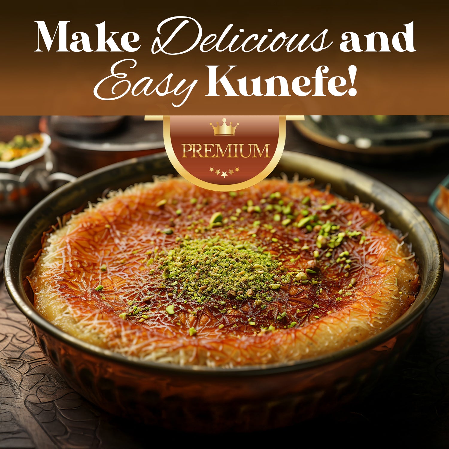 A golden-brown kunefe made with Ceres Gourmet Cooked & Chopped Kataifi for Dubai Chocolate, Ready-to-Use 7oz, is topped with pistachios in a round dish. Text reads: Make Delicious and Easy Kunefe! PREMIUM (with crown graphic).