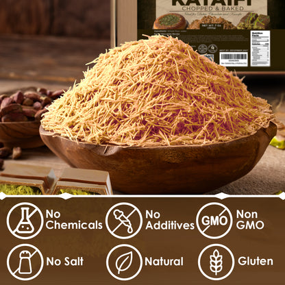 Ceres Gourmet Cooked & Chopped Kataifi for Dubai Chocolate, Ready-to-Use 7oz, sits on a table—ideal as a shredded dessert topping. Features: no chemicals, no additives, non-GMO, unsalted, natural, and gluten-free.