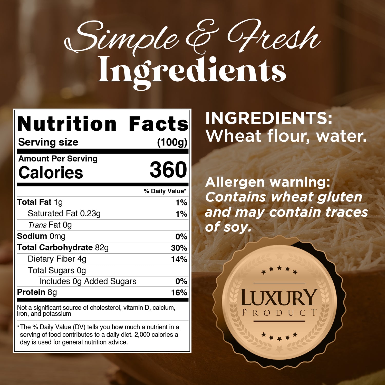 Ceres Gourmet Cooked & Chopped Kataifi for Dubai Chocolate, Ready-to-Use 7oz: 360 calories per 100g, made from wheat flour and water. Contains wheat gluten, may contain soy. Perfect luxury shredded dessert topping; see baked pastry with Luxury Product seal.