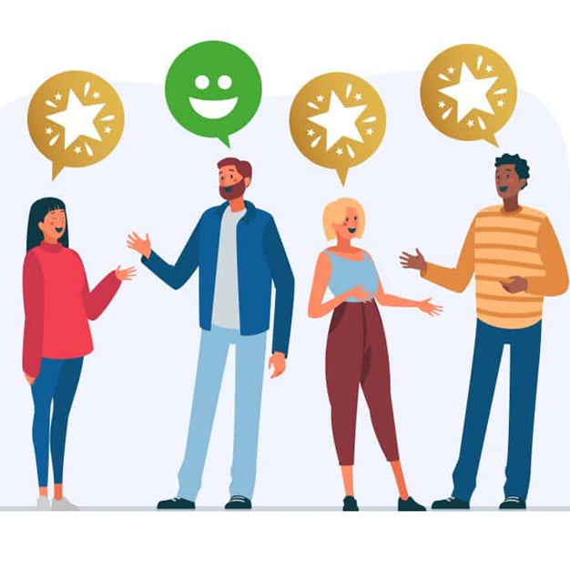Illustration of four people chatting happily, three with star rating icons and one with a smiling face icon above their heads, symbolizing positive feedback and communication.