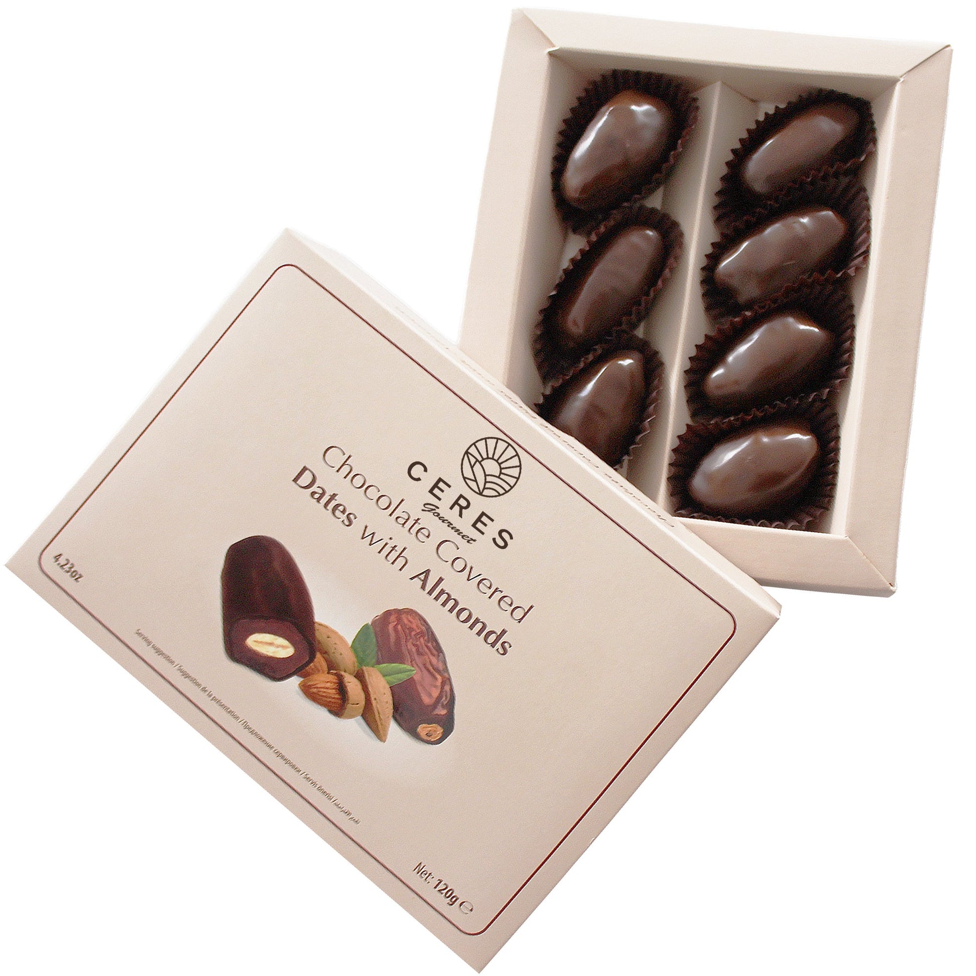 A partially opened box of Ceres Gourmet Dark Chocolate Coated Medjool Dates Stuffed with Almonds (2 Packs, 8.46 Oz) reveals six treats inside. The beige box shows a date, almonds, and chocolate—ideal for a healthy snack.