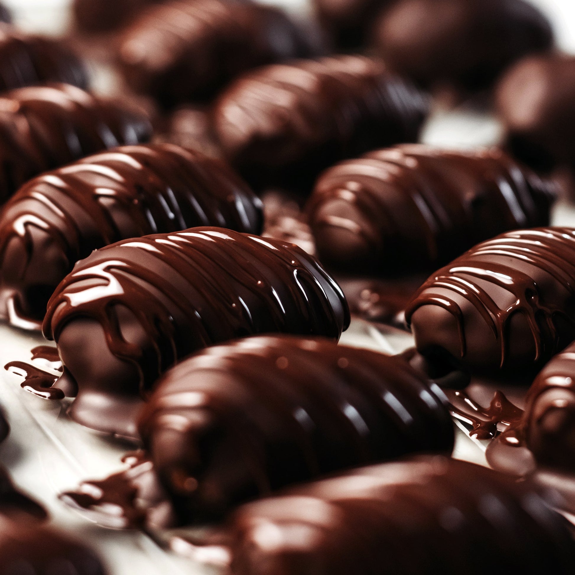 Close-up of Ceres Gourmet Dark Chocolate Coated Medjool Dates Stuffed with Almonds—2 packs, 8.46 oz—rows of glossy chocolate treats on a white surface, the perfect irresistible and healthy snack.