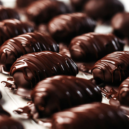 Close-up of Ceres Gourmet Dark Chocolate Coated Medjool Dates Stuffed with Almonds—2 packs, 8.46 oz—rows of glossy chocolate treats on a white surface, the perfect irresistible and healthy snack.