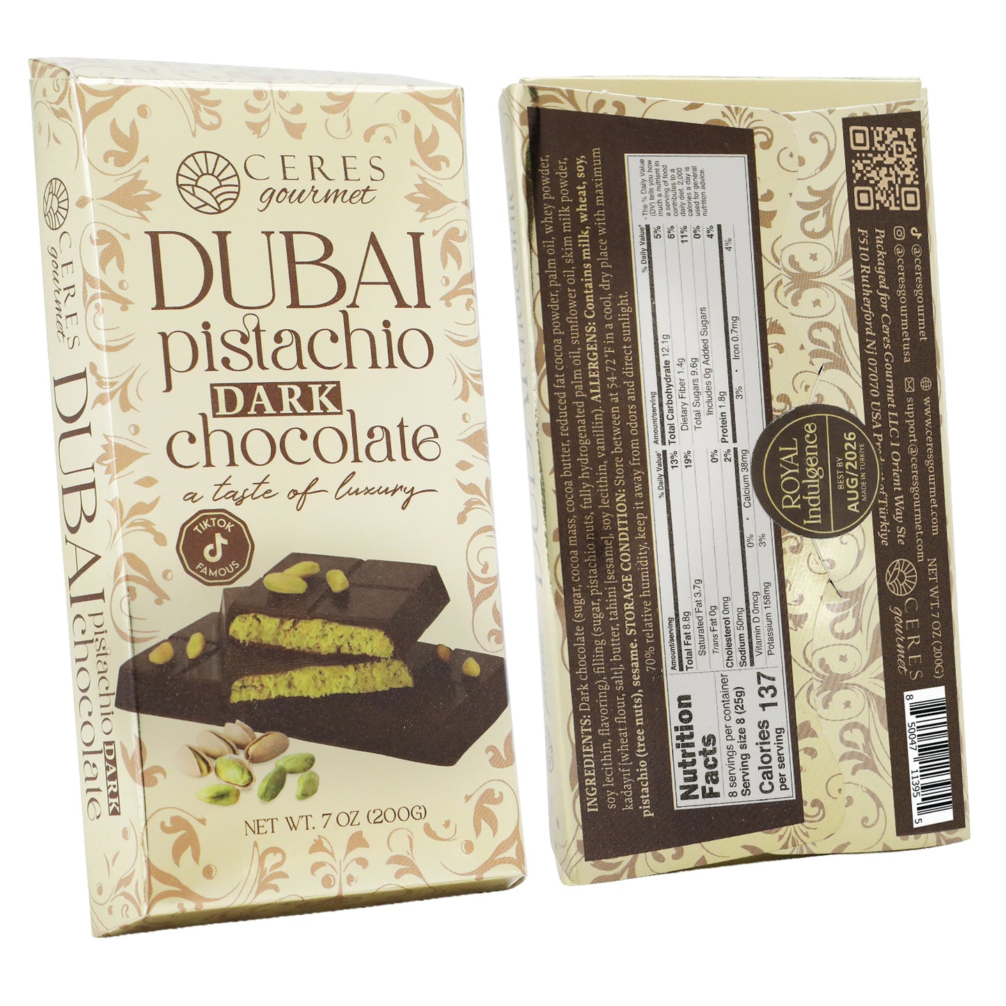 Ceres Gourmet Dubai Pistachio Dark Chocolate packaging with branding and product details.