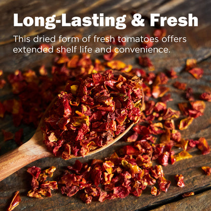 A wooden spoon holds dried tomato pieces on a wooden table. Text reads: “Ceres Gourmet Dried Tomato Powder – 5.3 oz, 100% pure and non-GMO, perfect for sauces, soups, paste and more with long-lasting freshness and convenience.”.