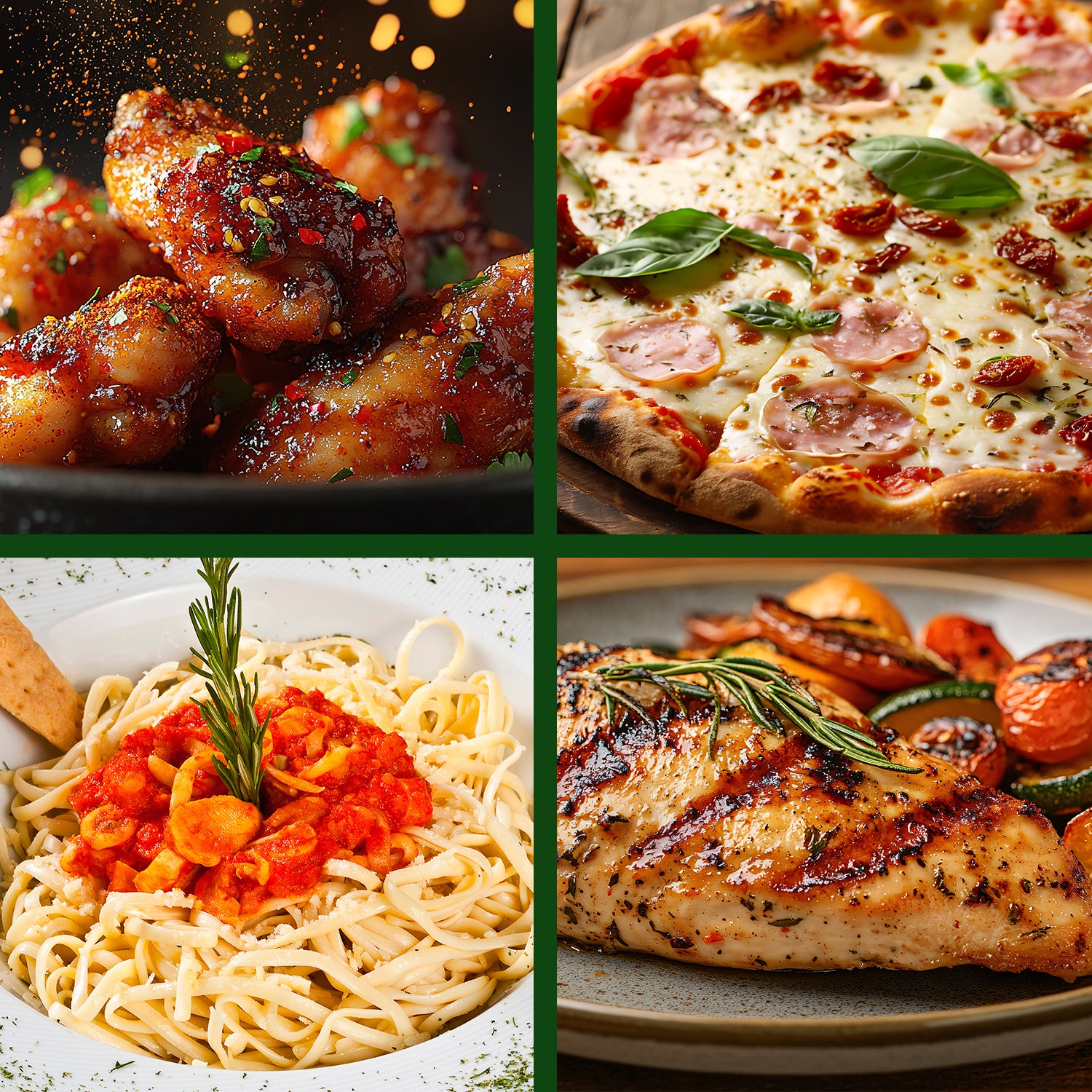 A collage of four dishes, including spaghetti topped with Ceres Gourmet Dried Tomato Powder – 5.3 oz, 100% pure and perfect for sauces, soups, paste and more; plus saucy wings, pepperoni pizza with basil, and grilled chicken with roasted veggies.