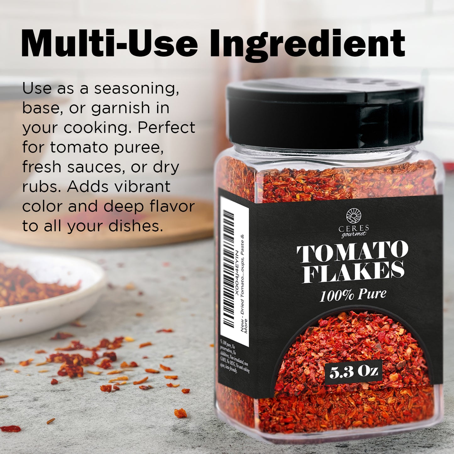 A clear jar labeled Ceres Gourmet Dried Tomato Powder – 5.3 oz, 100% Pure sits on the counter, perfect for adding rich tomato flavor to sauces, soups, and pastes or using as a versatile seasoning in your kitchen.