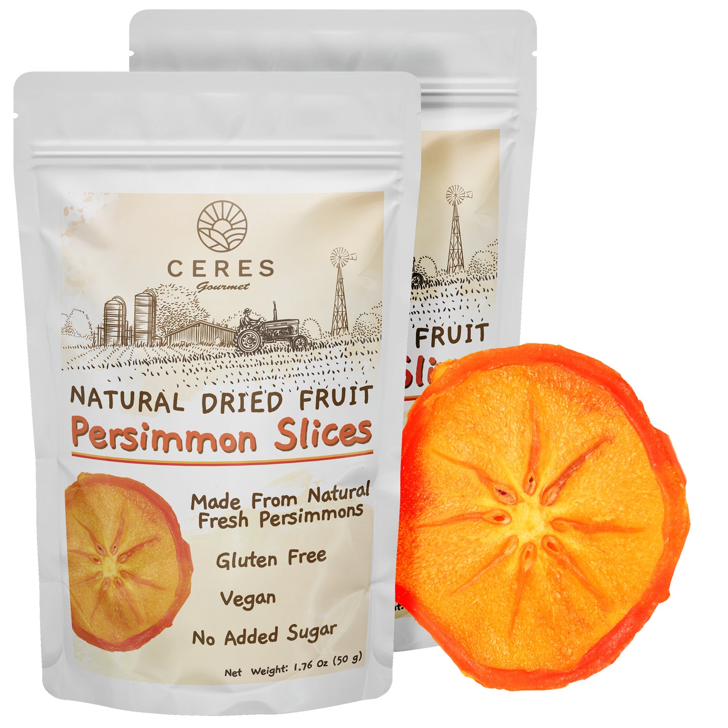 Dried Persimmon Slices 3.5 Oz, Dried Fruit Snack Packs, Healthy Snack, All Natural, No Sugar Added