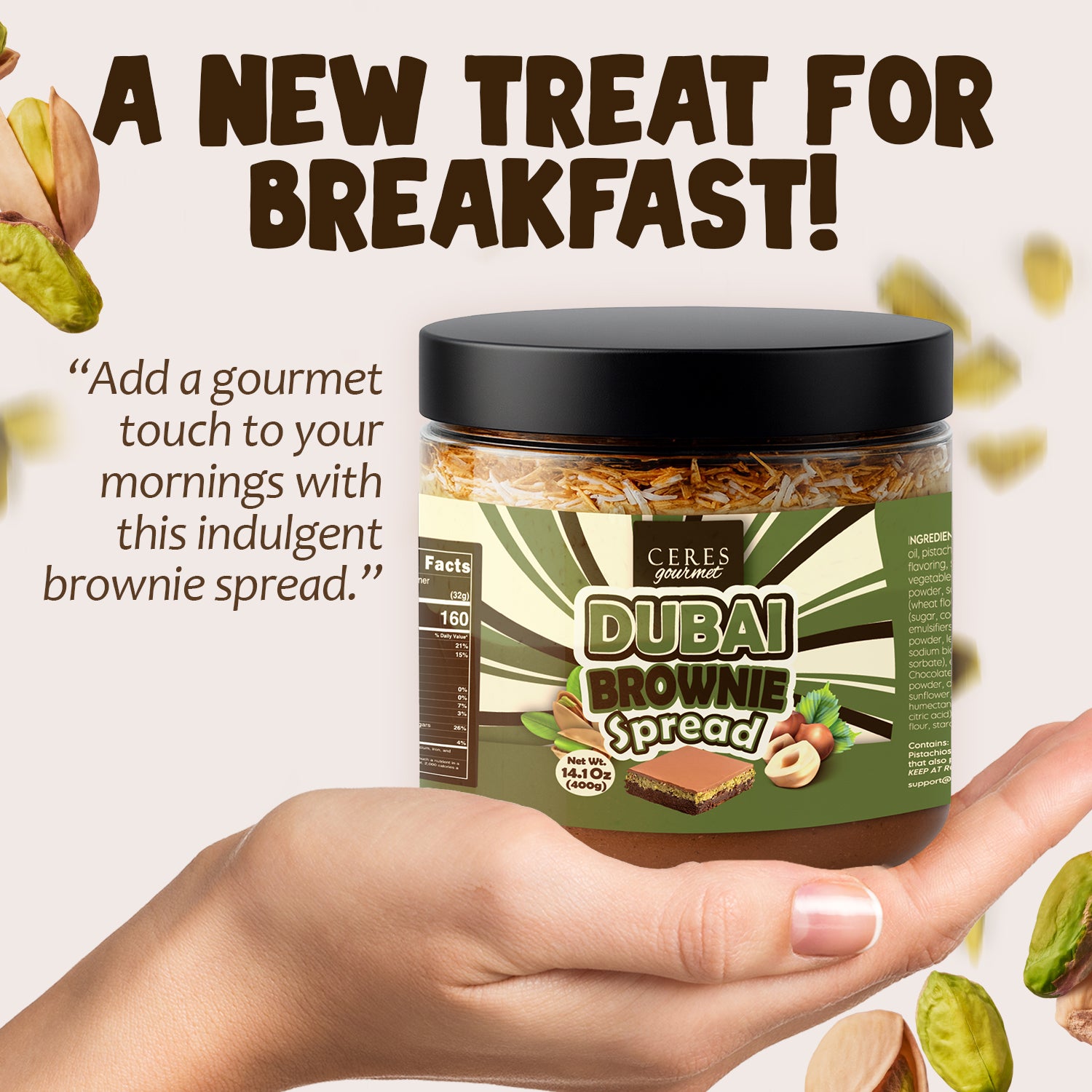 Ceres Dubai Brownie Spread jar held in a hand with promotional text on a light background