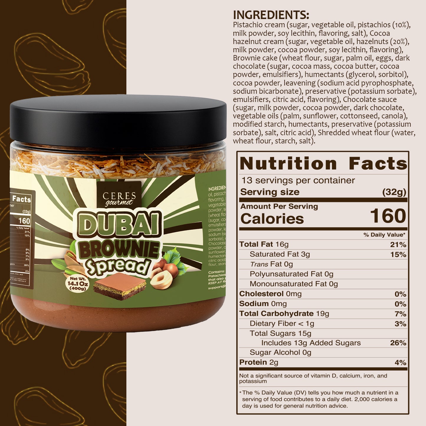 Jar of Dubai Brownie Spread with label displaying ingredients and nutrition facts.