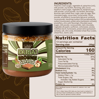 Jar of Dubai Brownie Spread with label displaying ingredients and nutrition facts.