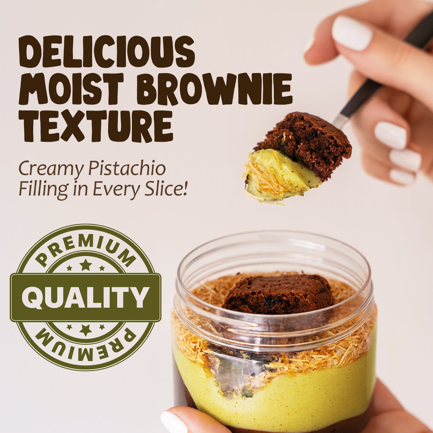 Dessert in a jar with brownie and pistachio filling, labeled 'Delicious Moist Brownie Texture' and 'Premium Quality'.