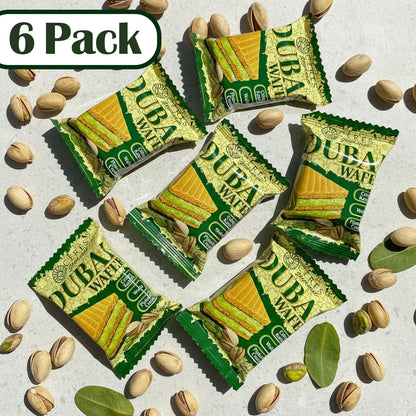 Six packs of Duba Wafers with pistachios on a light background