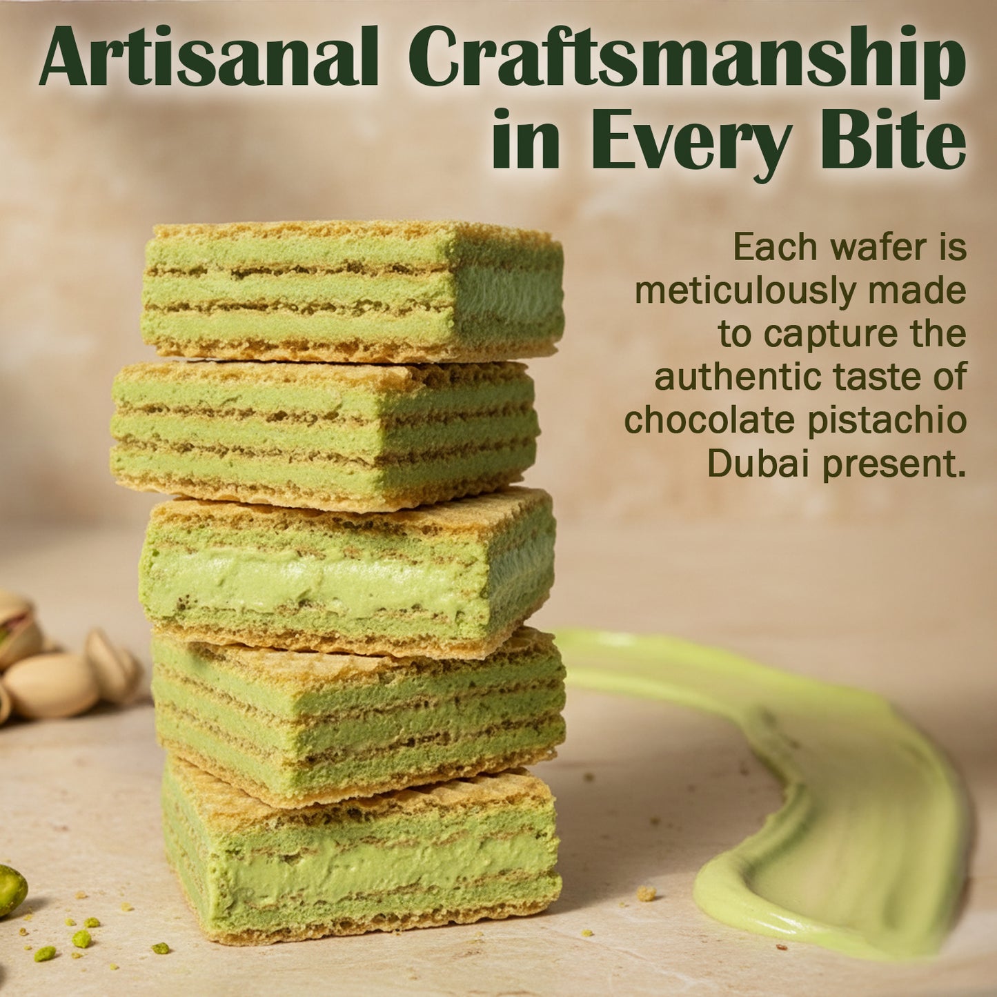 Stack of green layered pastries with text about artisanal craftsmanship and chocolate pistachio flavor.