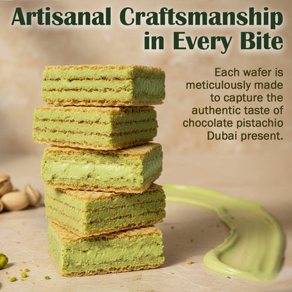 Stack of green layered pastries with text about artisanal craftsmanship and chocolate pistachio flavor.