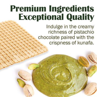 Pistachio chocolate spread with waffle cookies and pistachios on a white background