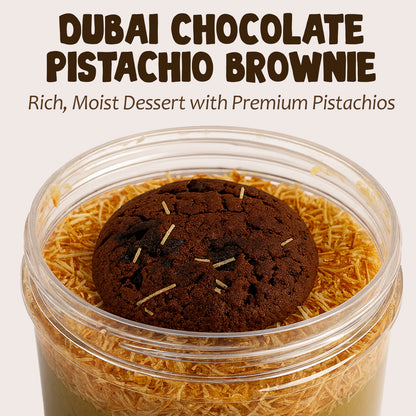 Dessert container with a chocolate pistachio brownie on a beige background