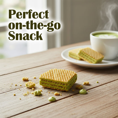 Green wafers on a wooden table with a cup of tea in the background, labeled 'Perfect on-the-go Snack'.