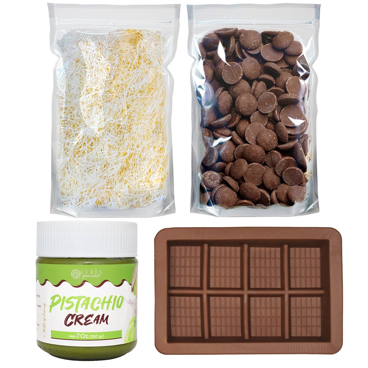 Four items—a bag of shredded pastry, a bag of chocolate discs, a jar of Pistachio Cream, and a silicone mold—everything you need to create the viral dessert with the Ceres Gourmet Dubai Chocolate Bar DIY Set (Milky, Dark, or White Chocolate).