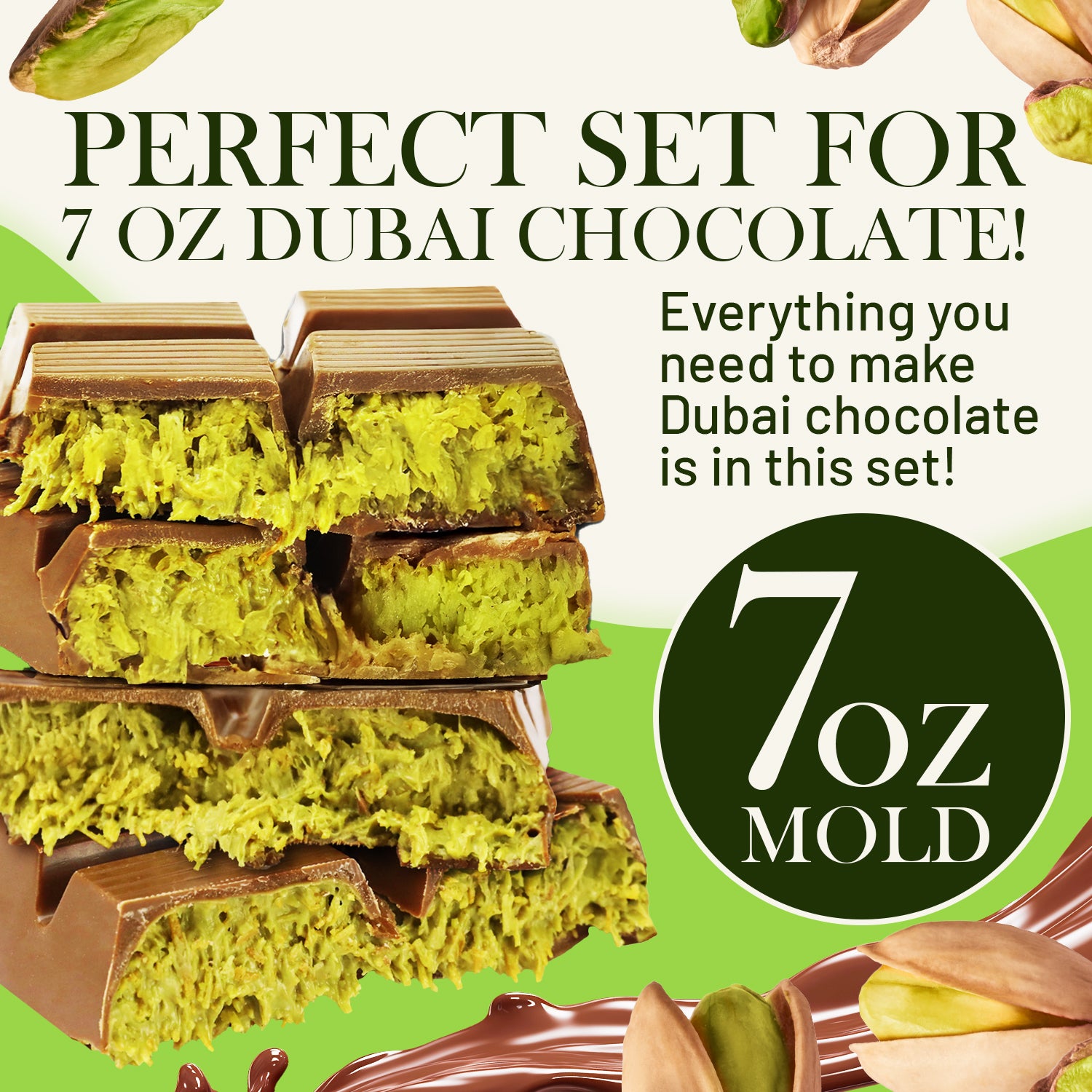 Stacked Ceres Gourmet Dubai Chocolate Bar DIY Set (Milky, Dark, or White) with green pistachio filling—everything you need for a viral dessert is included! The perfect 7 oz set for chocolate lovers.