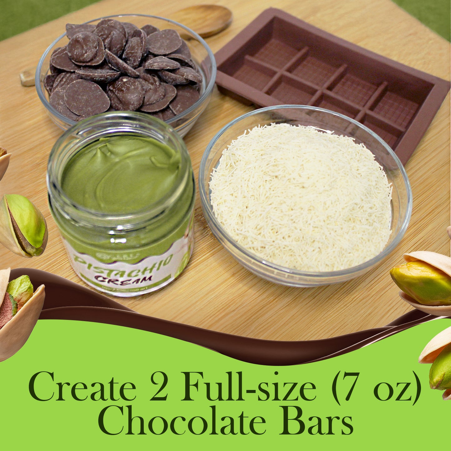 A jar of pistachio cream, chocolate wafers, shredded white chocolate, and a mold from the Ceres Gourmet Dubai Chocolate Bar DIY Set let you make 2 full-size (7 oz) pistachio bars in milky, dark, or white chocolate.