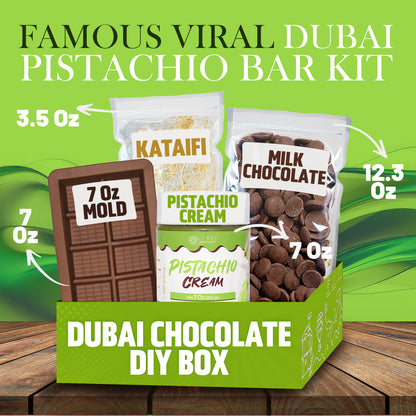 A green and white box labeled Ceres Gourmet Dubai Chocolate Bar DIY Set - Milky - Dark or White Chocolate includes a chocolate bar mold, pistachio cream, kataifi, milk chocolate, and chocolate chips with weights. Text: Famous Viral Pistachio Chocolate Bar Kit.
