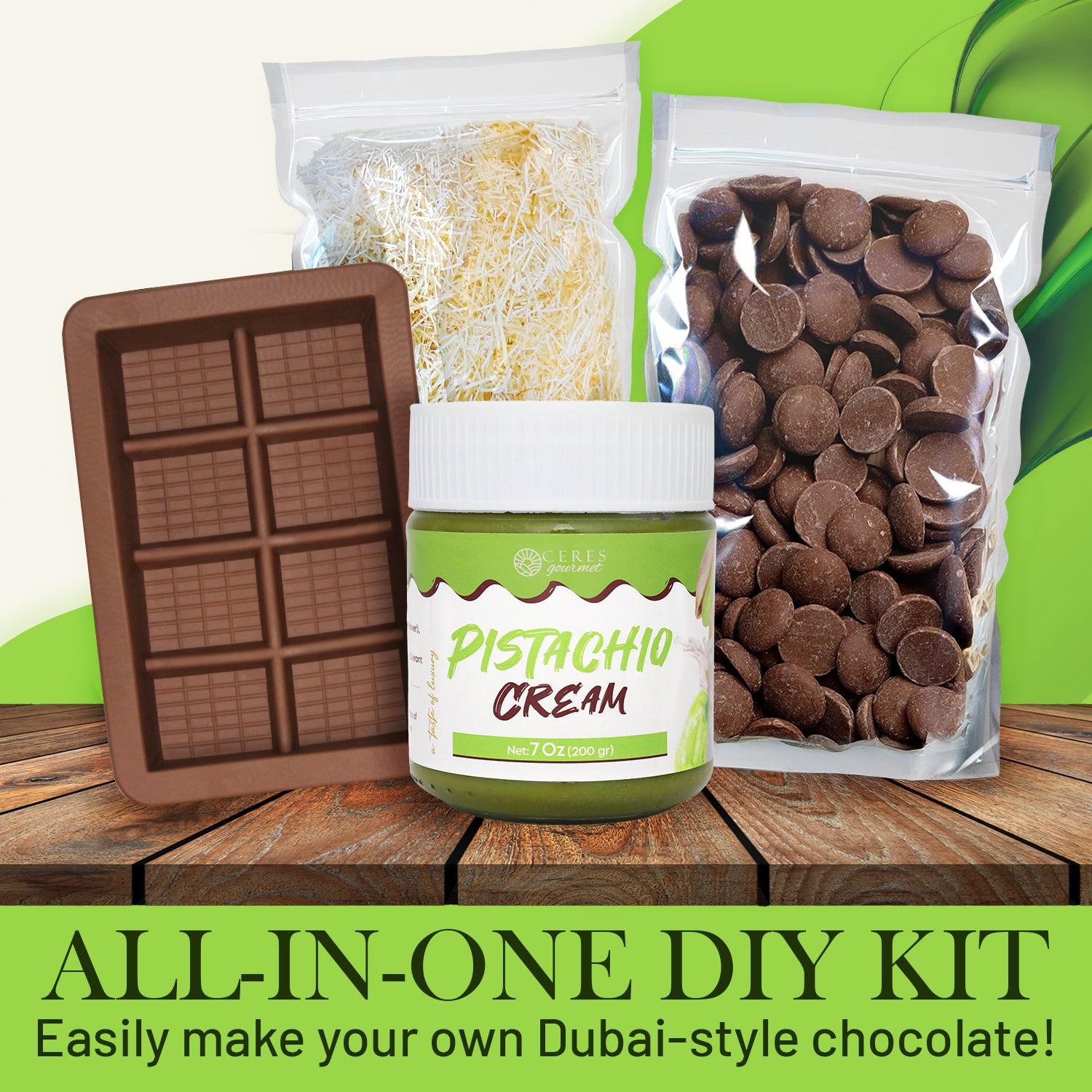 Create your own viral Dubai-style chocolate with Ceres Gourmet’s Dubai Chocolate Bar DIY Set—Milky, Dark, or White Chocolate. Includes pistachio cream, a mold, vermicelli, and chocolate discs. “Easily make your own Dubai-style chocolate!”.