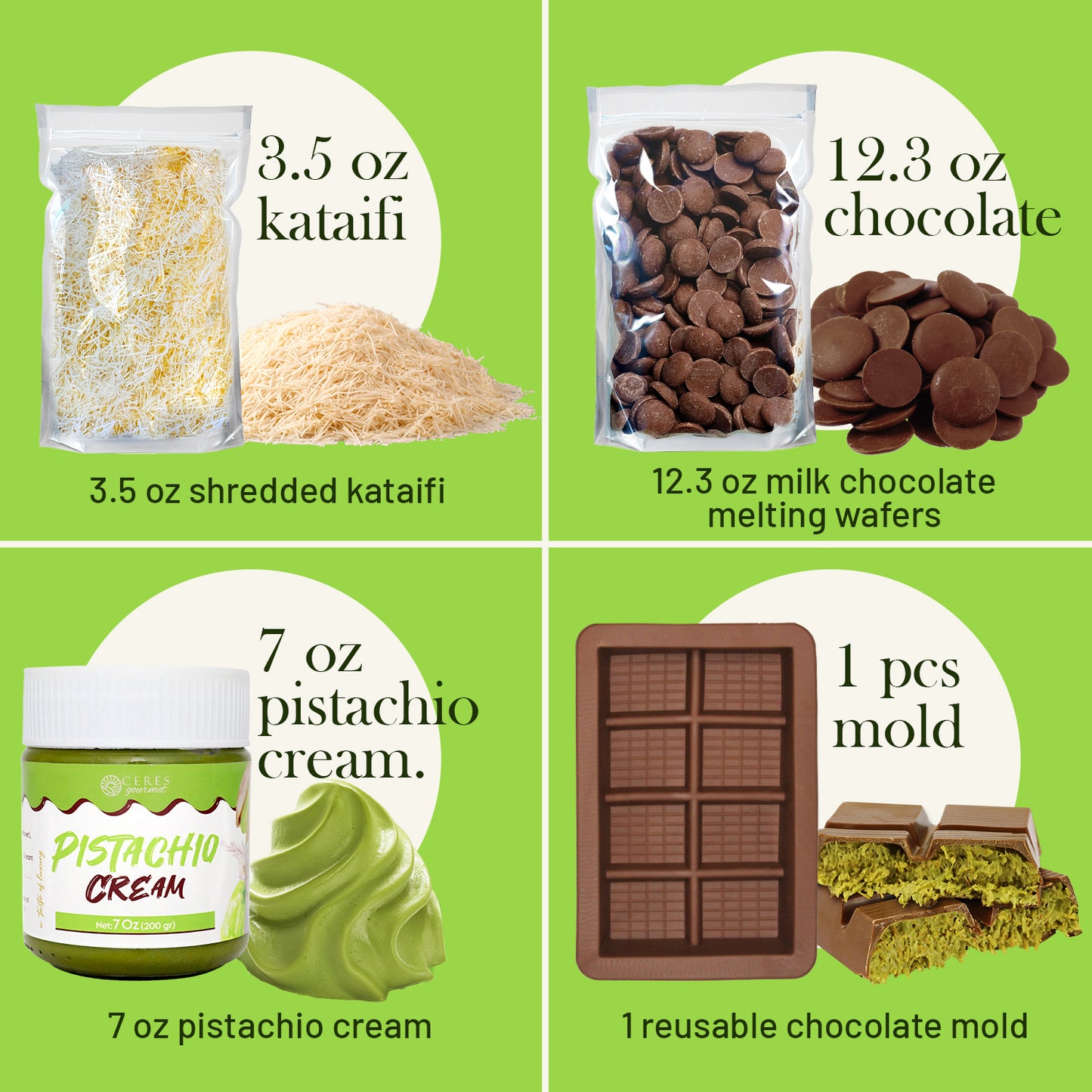 Create your own Ceres Gourmet Dubai Chocolate Bar DIY Set – Milky, Dark, or White – with 3.5 oz shredded kataifi, 12.3 oz milk chocolate wafers, 7 oz pistachio cream, and a reusable mold. Perfect for a viral dessert at home!.
