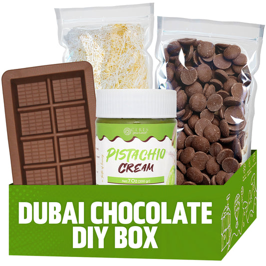 The Ceres Gourmet Dubai Chocolate Bar DIY Set (Milky, Dark, or White) includes a bar mold, pistachio cream, chocolate chips, and fine pastry for making your own trending pistachio chocolate bar at home.