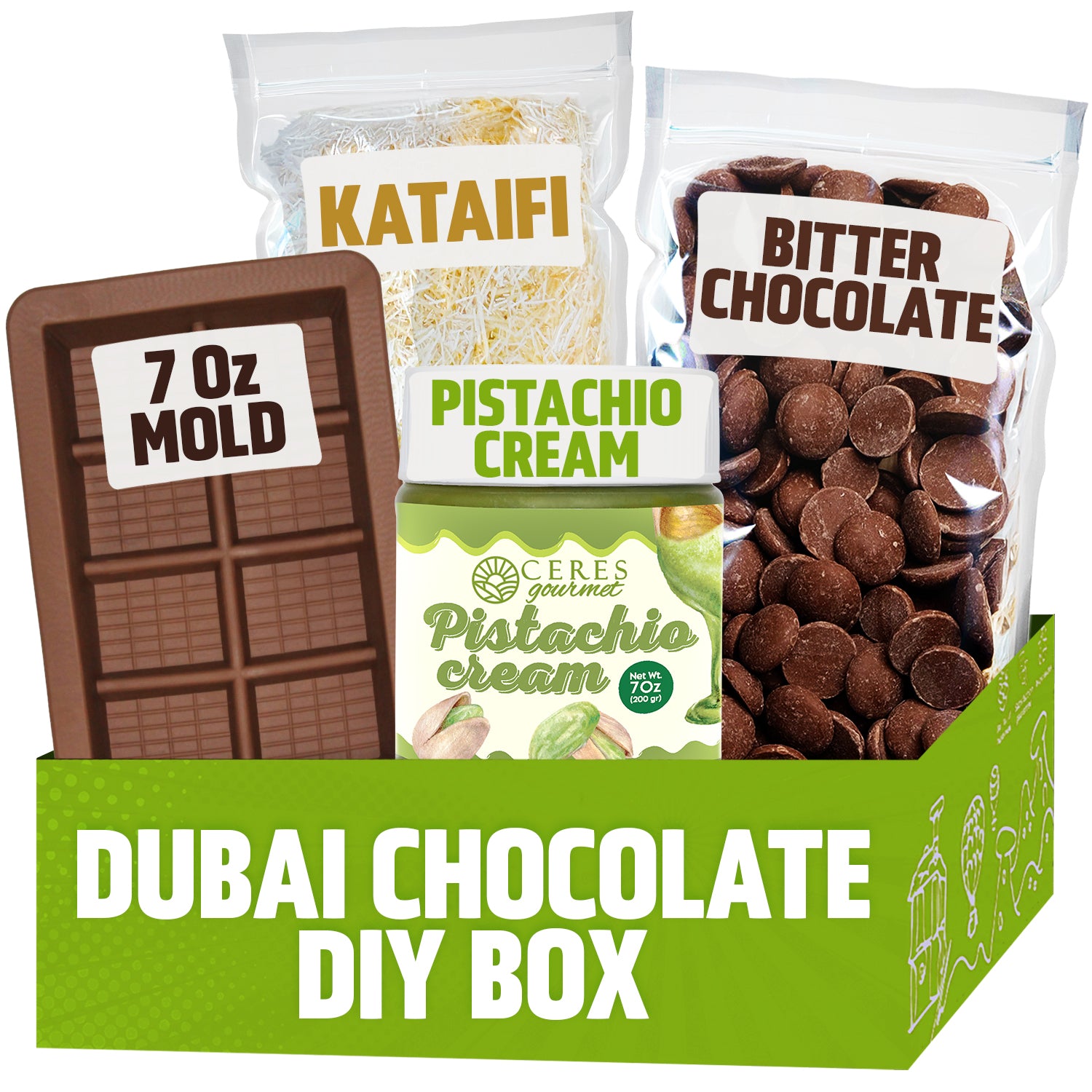 Craft your own viral dessert with the Dubai Chocolate Bar DIY Set by Ceres Gourmet, featuring milky, dark, or white chocolate, a 7 oz mold, kataifi, and pistachio cream—all in a chic green box.