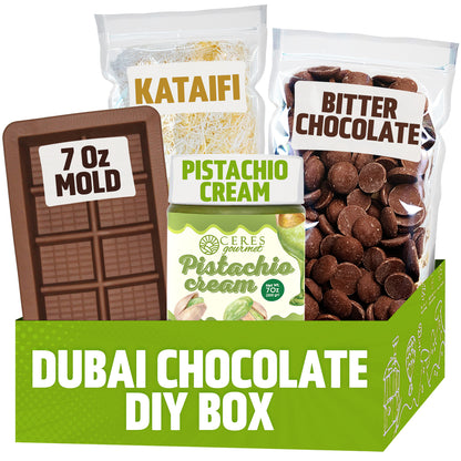 Craft your own viral dessert with the Dubai Chocolate Bar DIY Set by Ceres Gourmet, featuring milky, dark, or white chocolate, a 7 oz mold, kataifi, and pistachio cream—all in a chic green box.