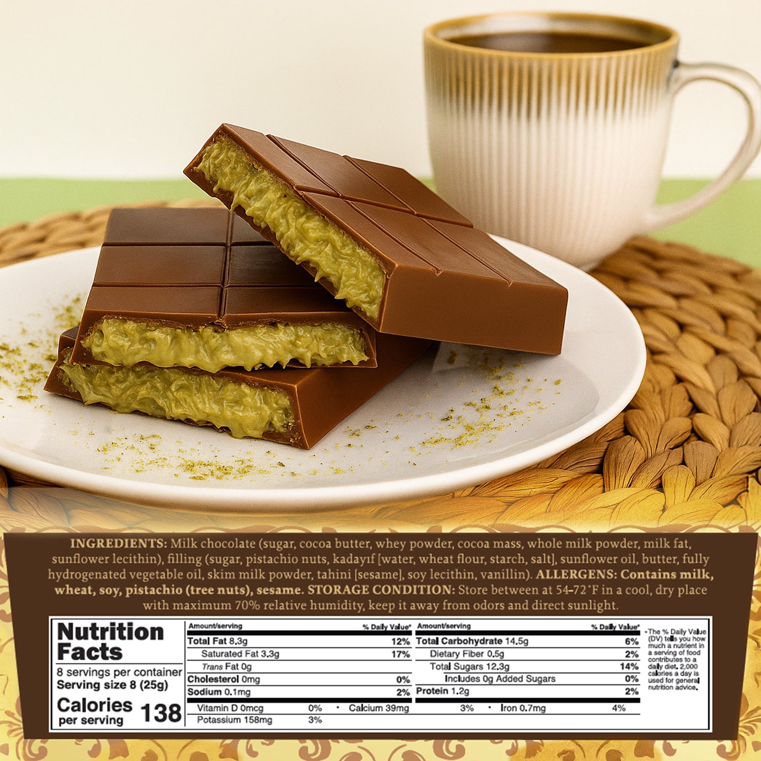 A plate holds three Ceres Gourmet Dubai Chocolate Kunafa Pistachio Indulge 7oz Bars, filled with pistachio cream, set on a mat beside a striped coffee mug and the product’s nutrition and ingredients label, inspired by Middle Eastern desserts.