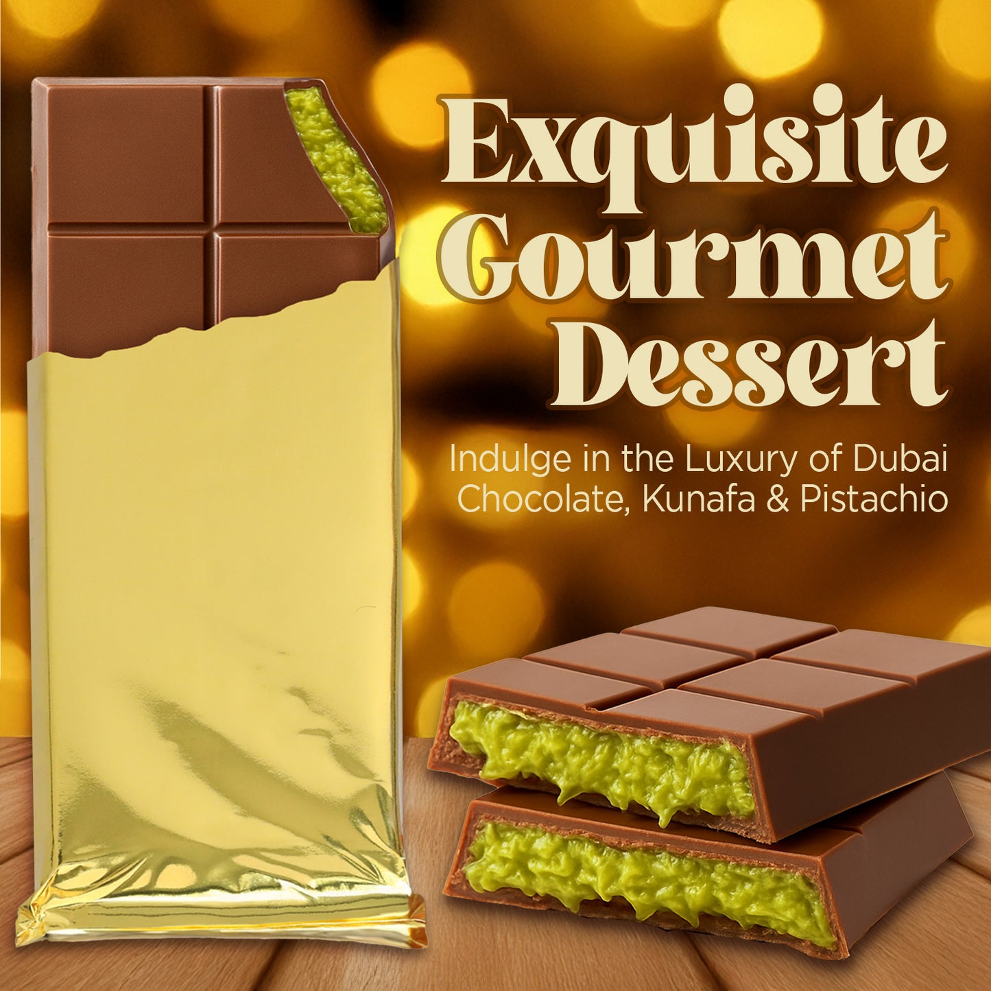 A partially unwrapped Ceres Gourmet Dubai Chocolate Kunafa Pistachio 7oz Bar reveals green pistachio cream. Two matching filled chocolate pieces rest nearby. Text: “Indulge in the irresistible delight of Dubai Chocolate Kunafa & Pistachio.”.