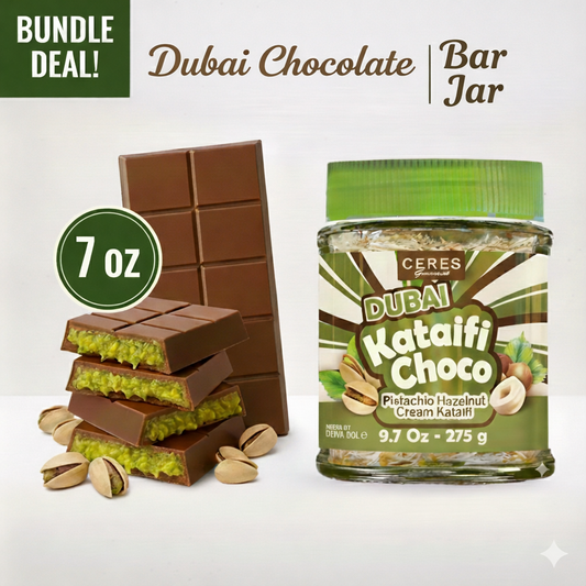 Dubai Chocolate Bar & Jar - 7 oz Pistachio Bar and 9.7 oz Dubai Choco Jar