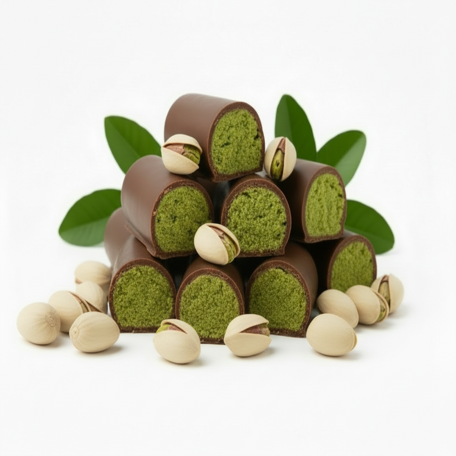 Green and brown chocolate truffles with pistachios on a white background