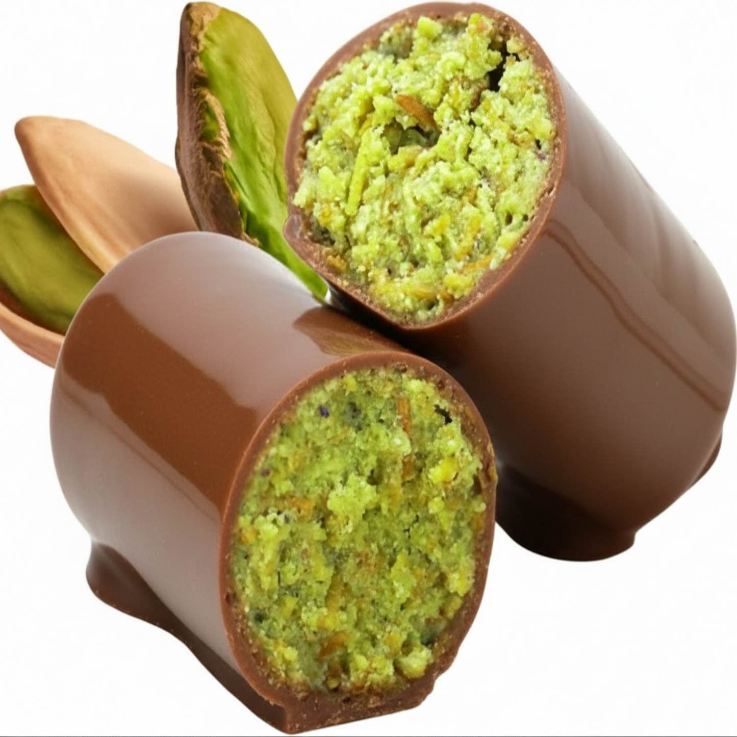 Chocolate-dipped pistachio cookies with packaging and a close-up of the cookies' interior.