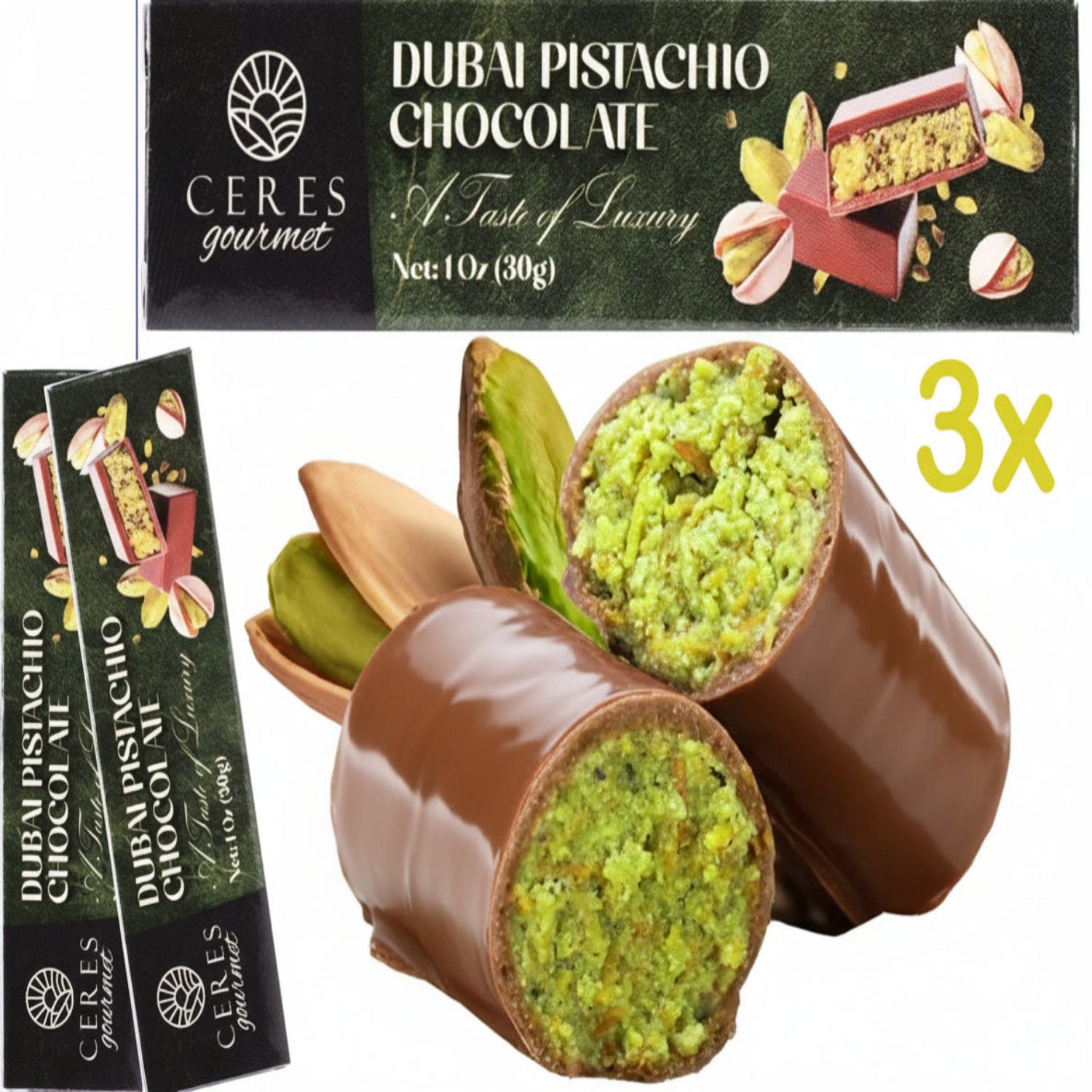 Close-up of Ceres Gourmet Dubai Chocolate Bar Pistachio 3-Pack (1oz/30g each), featuring chocolate cylinders with green pistachio filling, pistachios in the background, and text noting A Taste of Luxury—a premium experience from Dubai.