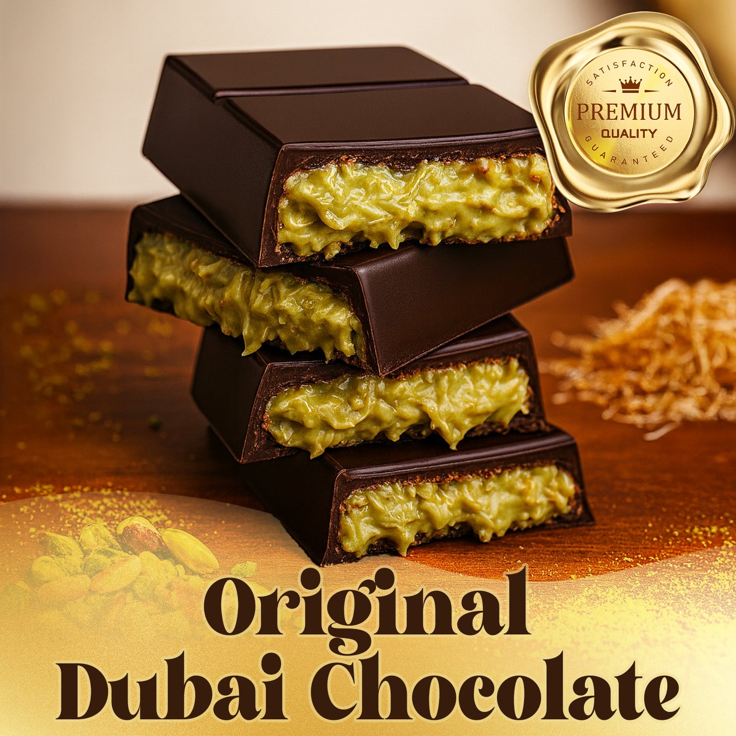Three pieces of Ceres Gourmet Dubai Chocolate Bar Pistachio with Dark Chocolate & Knafeh (3.5 oz) are stacked on wood. A gold Premium Quality badge is at the top right, and "Original Dubai Chocolate" text is at the bottom.