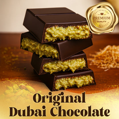 Three pieces of Ceres Gourmet Dubai Chocolate Bar Pistachio with Dark Chocolate & Knafeh (3.5 oz) are stacked on wood. A gold Premium Quality badge is at the top right, and "Original Dubai Chocolate" text is at the bottom.
