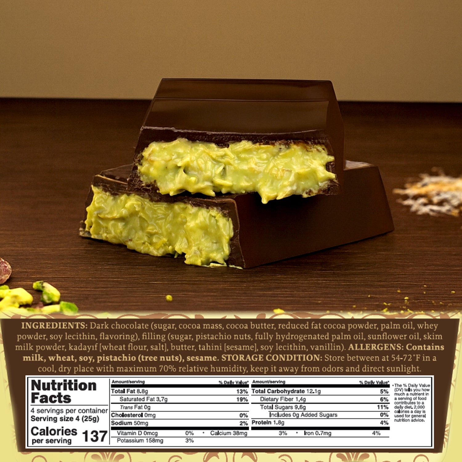 Two pieces of Ceres Gourmet Dubai Chocolate Bar Pistachio with Dark Chocolate & Knafeh, filled with yellow pistachio cream. Below are the ingredients, nutrition facts, and allergen info for this unique 3.5 oz treat.