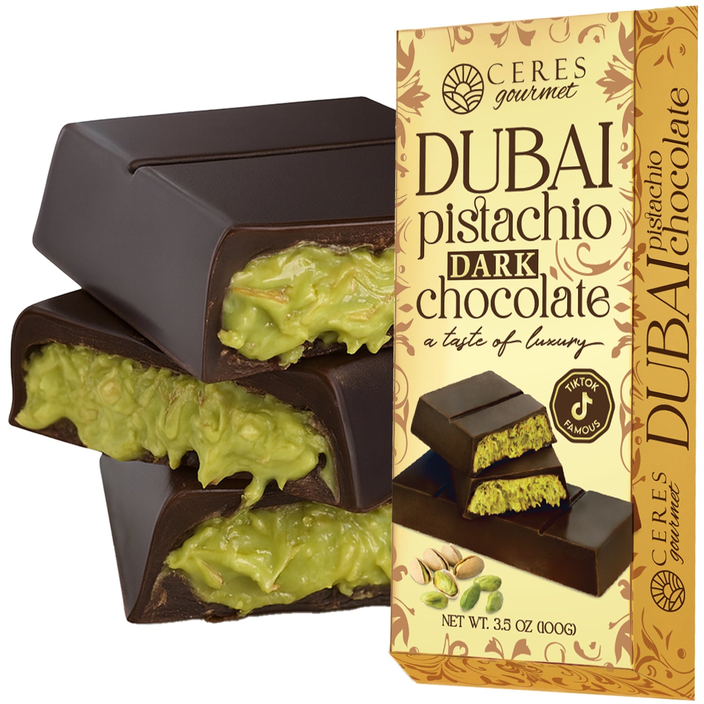 A box of Ceres Gourmet Dubai Chocolate Bar Pistachio with Dark Chocolate & Knafeh (3.5 oz) is displayed beside three pieces showing green pistachio filling, with packaging featuring the product name and inviting pistachio imagery.