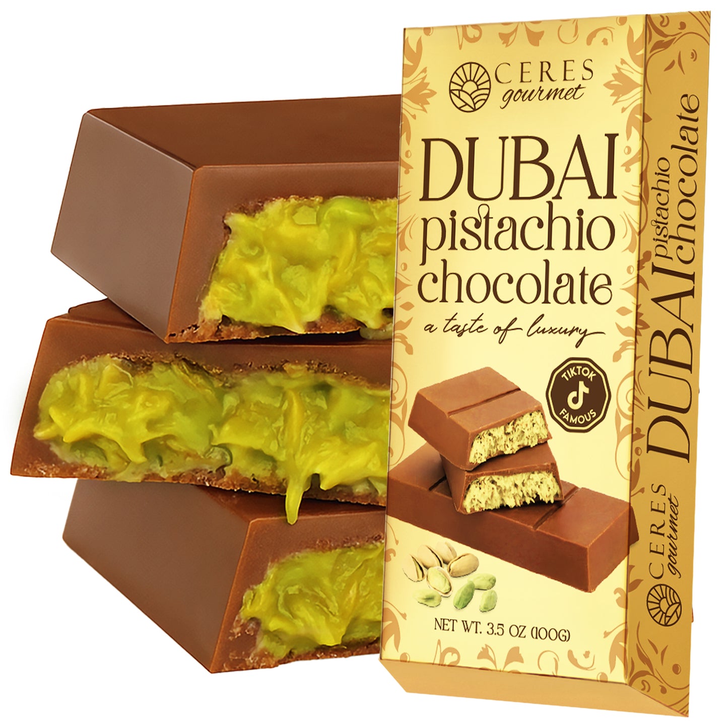 A stack of chocolate bars with green pistachio filling sits next to a Ceres Gourmet box labeled "Dubai Chocolate Bar Pistachio with Milky Chocolate and Knafeh," featuring images of the bar and pistachios.