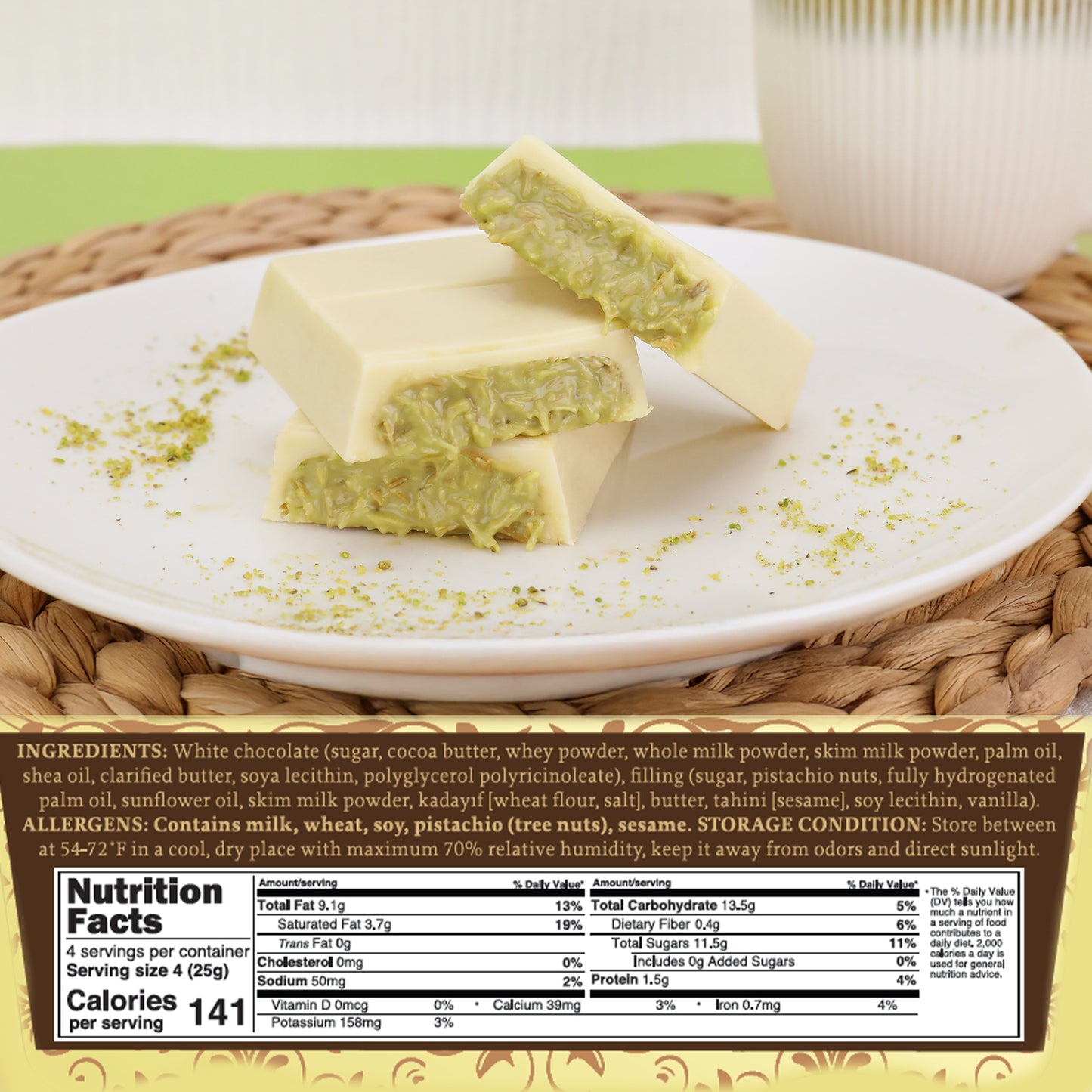 Three Ceres Gourmet Dubai Chocolate Bars—Pistachio with White Chocolate & Knafeh, 3.5 oz each—are stacked on a white plate atop a woven placemat. Nutrition facts and ingredients appear at the bottom of the image.