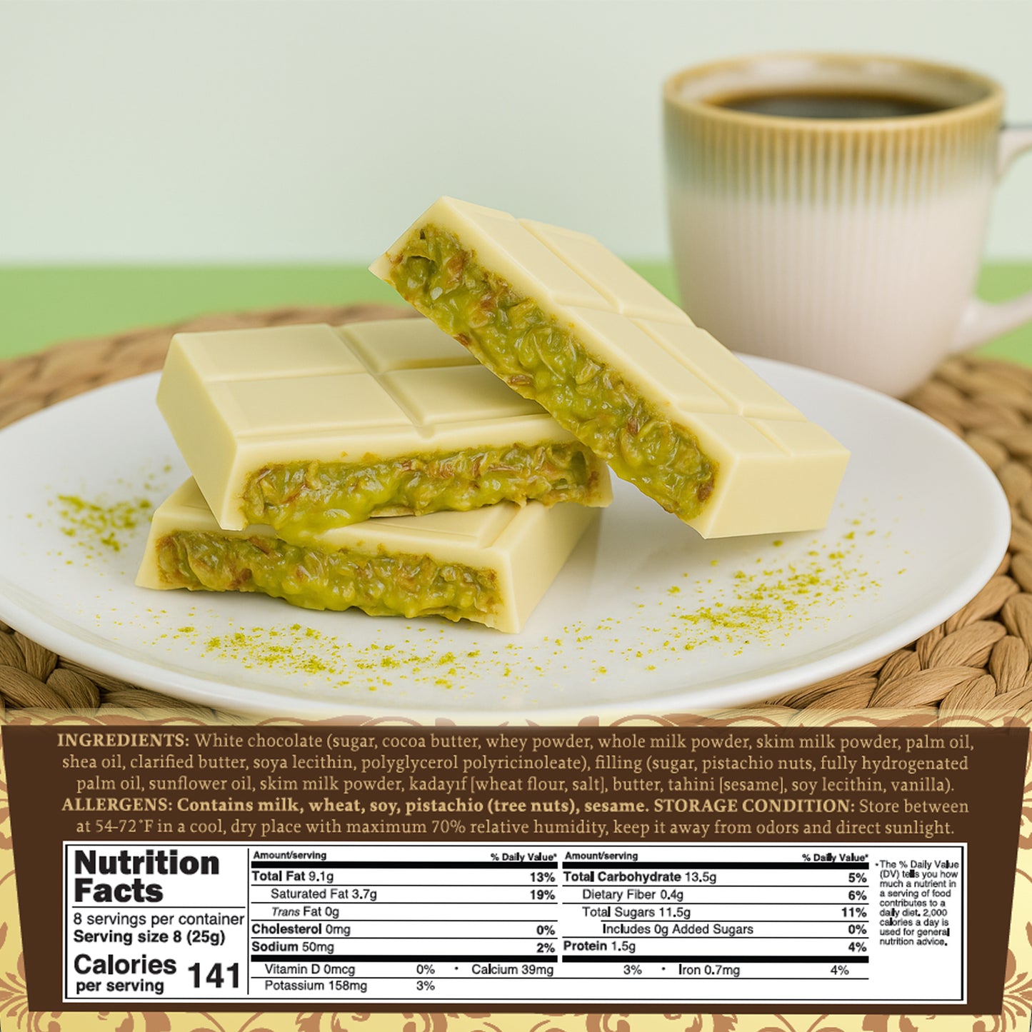 White Dubai Chocolate Crispy Knafeh Pistachio Bar 7oz