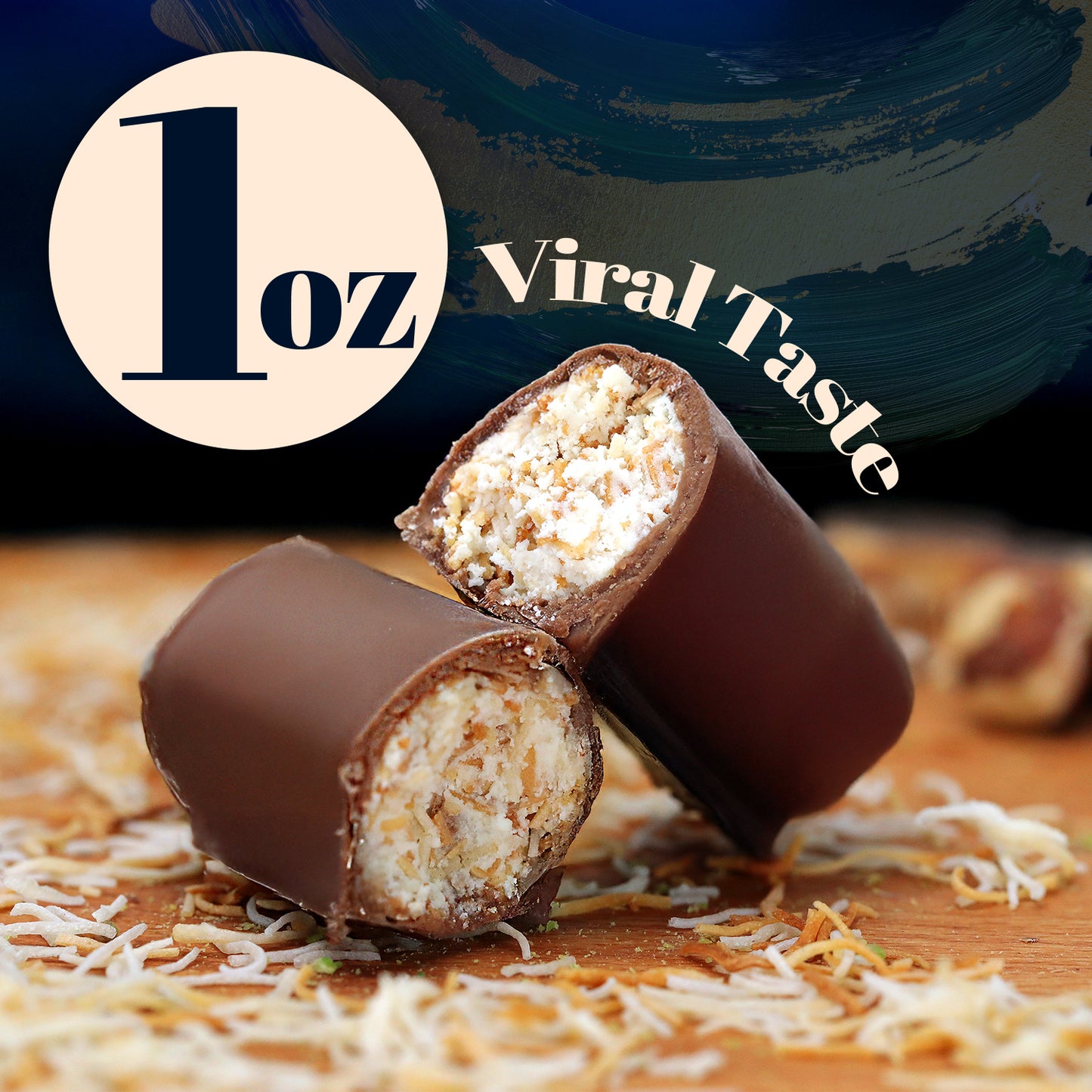 Two chocolate-coated mini bars, one cut open to show a hazelnut filling, rest on a wooden surface with shredded coconut. The 3-pack (1oz each) is labeled Dubai Chocolate Hazelnut Mini Bars by Ceres Gourmet.