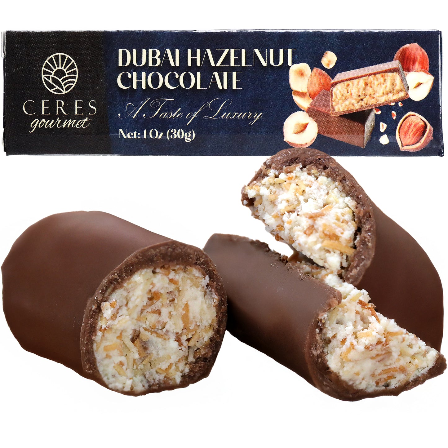A box of Ceres Gourmet Dubai Chocolate Hazelnut Mini Bars - 3 Pack (1oz each) is shown above two mini bars, with one cut open to display its textured hazelnut and coconut filling.