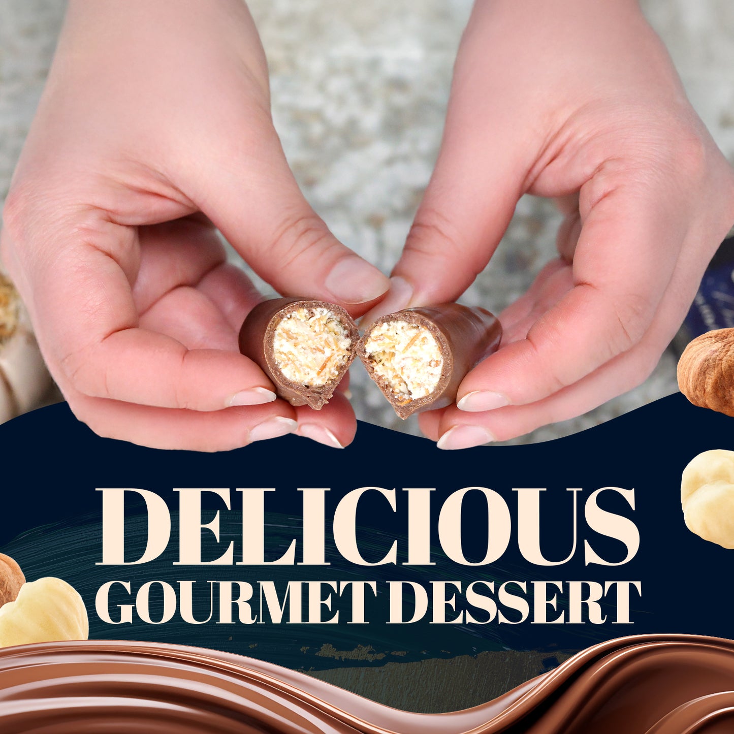 A hand breaks open a Ceres Gourmet Dubai Chocolate Hazelnut Mini Bar, showing its creamy filling. Text: “Delicious Gourmet Dessert.” Nuts and chocolate swirls in the background. Ideal for fans of Dubai chocolate hazelnut treats—3 pack (1oz each).