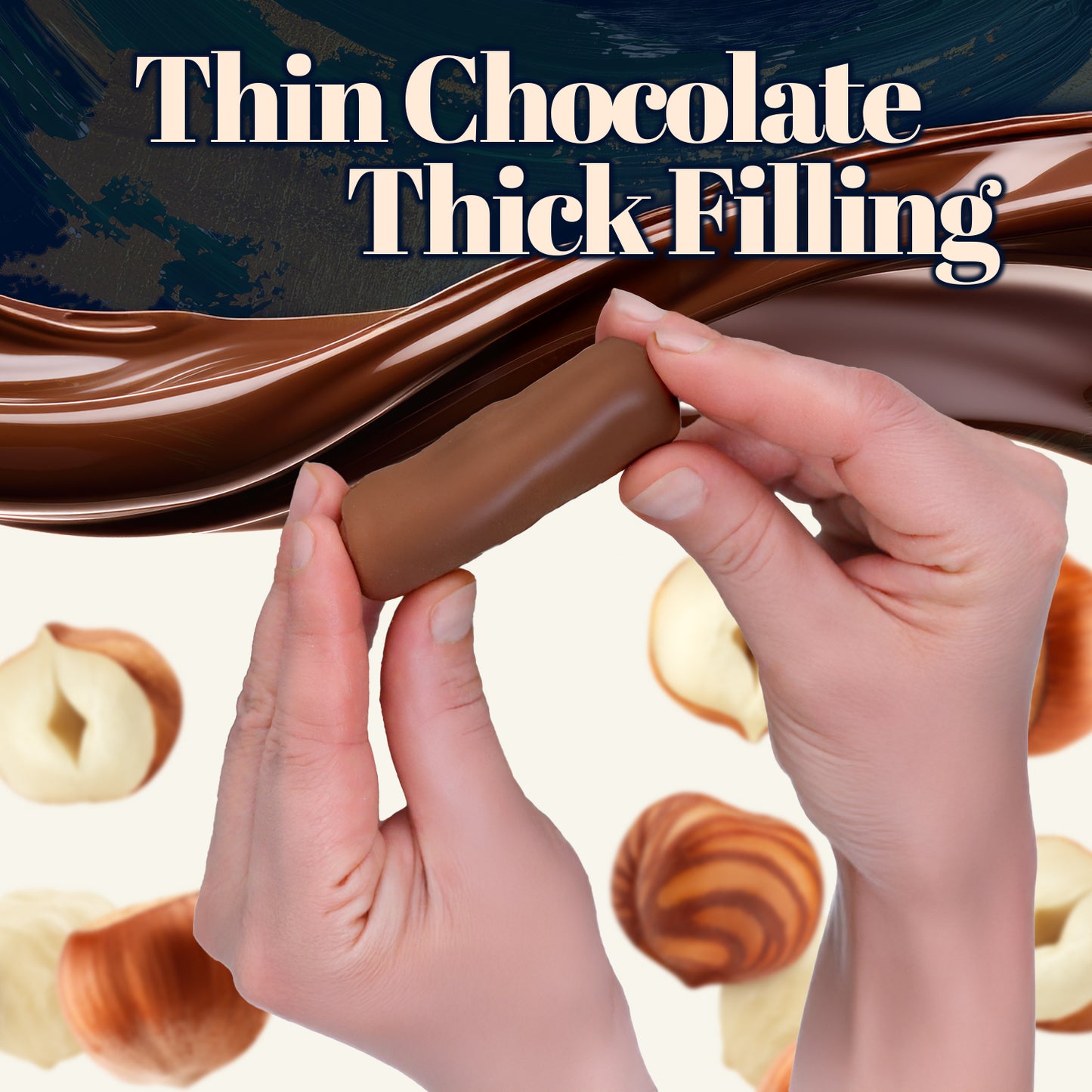 Two hands hold a Ceres Gourmet Dubai Chocolate Hazelnut Mini Bar (3 Pack, 1oz each), with text above: Thin Chocolate Thick Filling. Swirling chocolate and whole and halved hazelnuts fill the background.