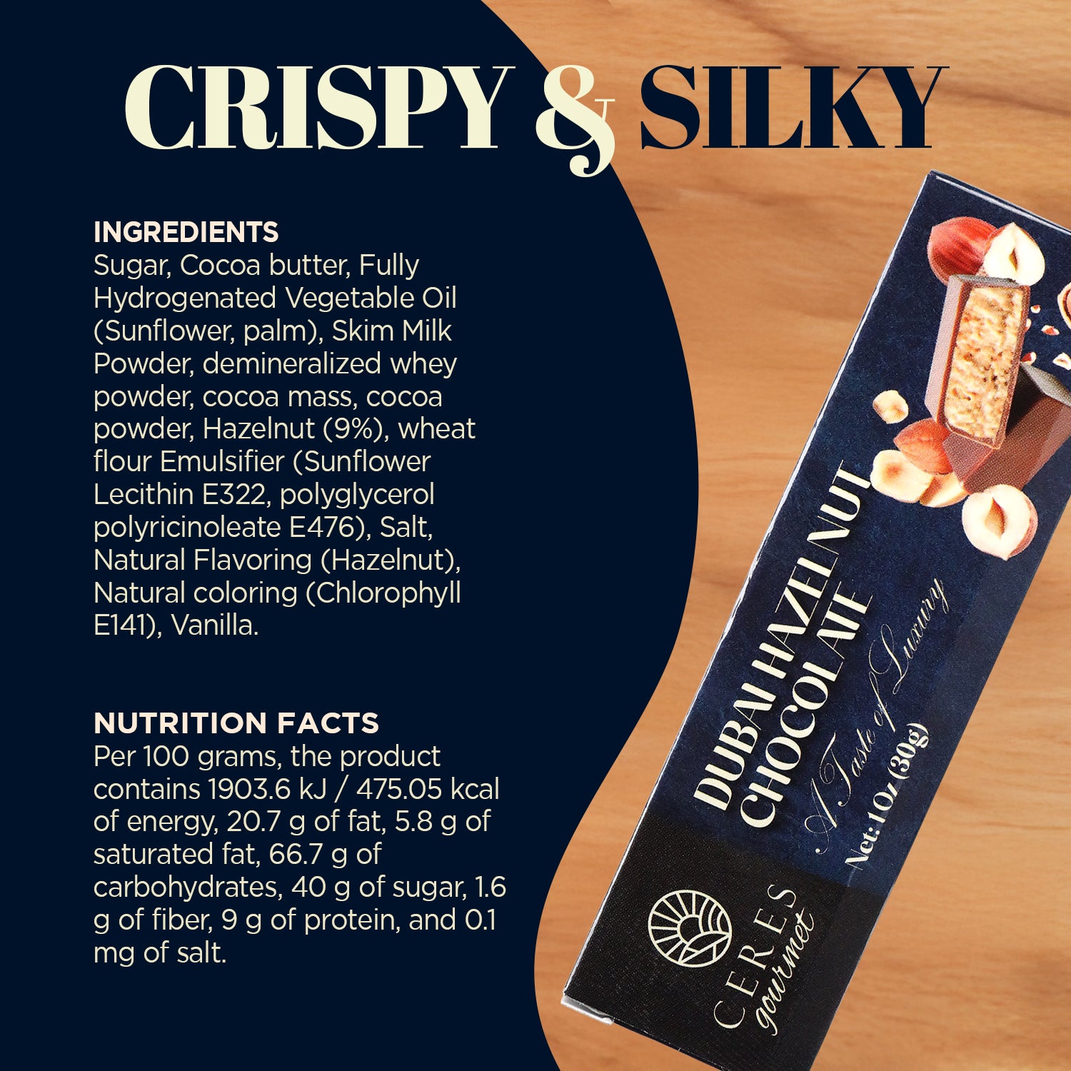 A product photo of Ceres Gourmet Dubai Chocolate Hazelnut Mini Bars - 3 Pack (1oz each) shows dark blue, gold-accented rectangular packaging with chocolate and hazelnuts; ingredients and nutrition facts appear on the side.